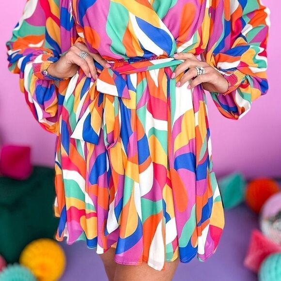 Abstract Print Belted Mini Dress - Picture 2 of 4